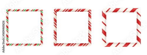 Christmas ornament frames with square candy pattern for banner or decor. Isolated 3D design for holiday card with stripe and cane.