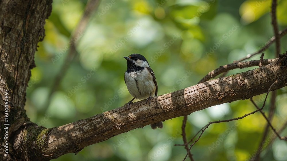 Fototapeta premium Charming Ficedula zanthopygia bird resting on a branch amidst greenery
