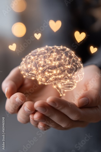 Glowing brain symbolizing mental health and mindfulness held with care, promoting self-care, therapy, love, stress relief, and peaceful support.