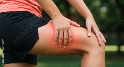 Woman suffering from thigh pain during exercise, highlighted by red glow. Muscle strain or injury concept.
