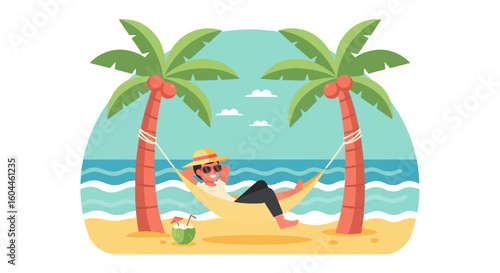 Relaxed person in a hammock by the beach under palm trees, using a phone.