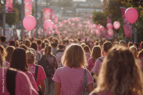 Charity walk for breast cancer awareness with women united in pink ribbon shirts, showing hope, support, and unity in the fight.

