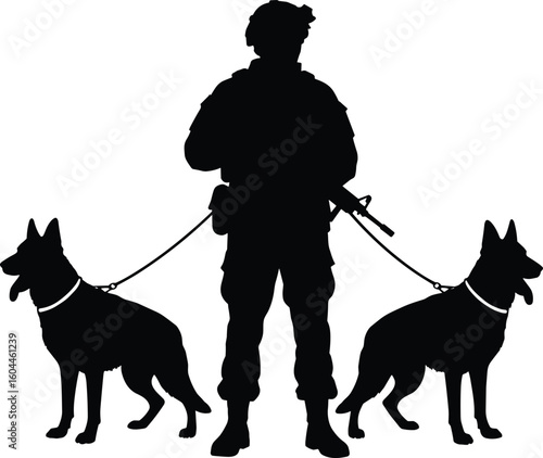 Military soldier with two German Shepherd dogs, silhouette style, protection, teamwork, loyalty, security patrol sceneMilitary soldier with two German 