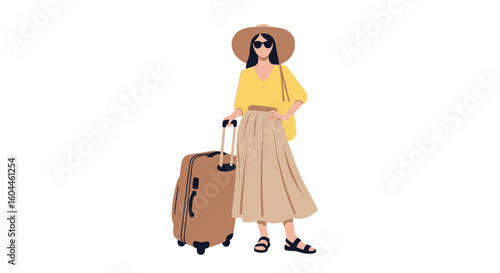 A woman in a hat and skirt stands with a suitcase, ready for travel.