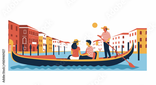 Colorful illustration of a gondola ride in Venice, with tourists and a gondolier.