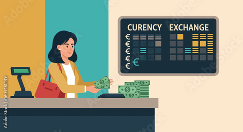 A woman exchanges currency at a currency exchange counter, handling US dollars and Euros.