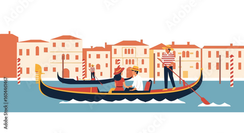 Venetian gondolier and passengers on a gondola, passing Venetian buildings.