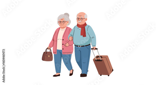 Elderly couple walking together, carrying luggage, enjoying a relaxing vacation.