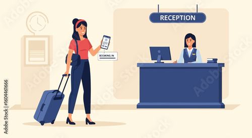 A woman arriving at a hotel reception, showing her phone and luggage.