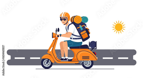 A cartoon illustration of a tourist riding a scooter with a large backpack, suggesting a journey or adventure.