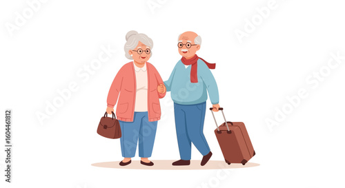 Senior couple holding hands, walking with luggage, ready for a trip.