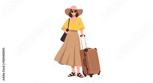 A woman in stylish summer attire stands ready for a journey, pulling a suitcase.