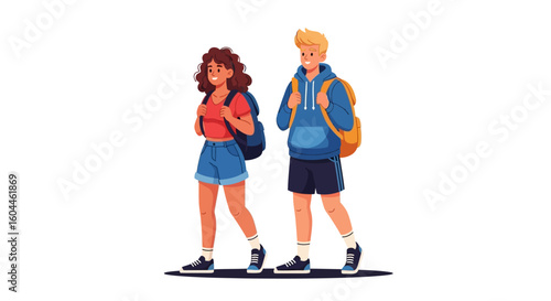 A young couple, backpacks on, happily strolls together, embarking on an adventure.