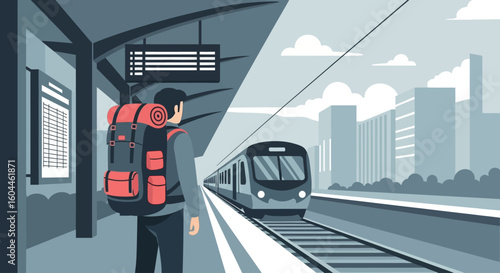 A lone traveler with a backpack waits at a train station platform, watching an approaching train against a city backdrop.