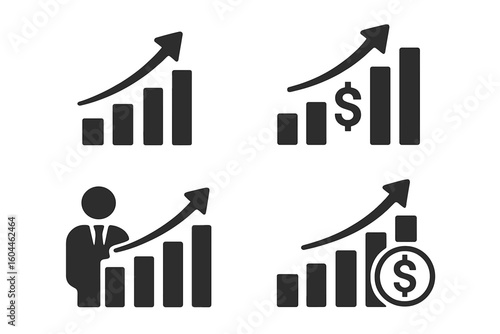 Business Growth Chart Icons Set. Profit Increase, Financial Success, Revenue Up, Sales Rising, Market Share Expansion, Investment Returns, Money Growth. Vector Bar Graphs for Corporate Finance