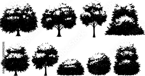 Green tree silhouette in forest grove abstract vector illustration, bush shrubbery element. Pastel crayon design, pencil texture, flat line, grunge figure, simple nature icon, eco landscape, scribble