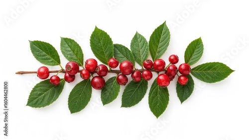 Lone cranberry surrounded by leaves on a white canvas. Aerial shot of cranberries featuring a clipping path. Complete field of vision.