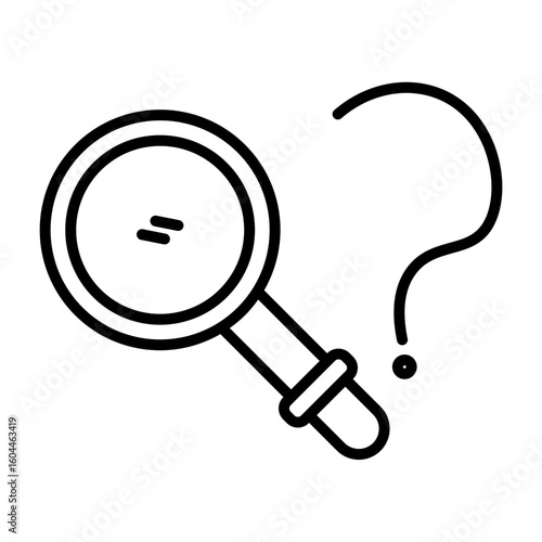 Outlined black glyph depicts magnifying glass next to question mark. Line design indicates searching for answers or exploring problems.