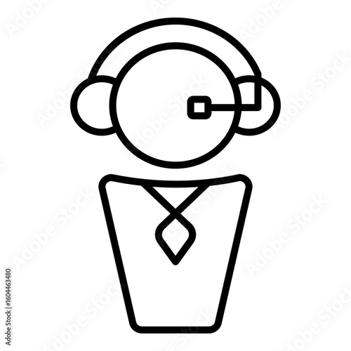 Outlined black glyph depicts person wearing headset with microphone. Line design signifies customer support, technical assistance, or virtual help.