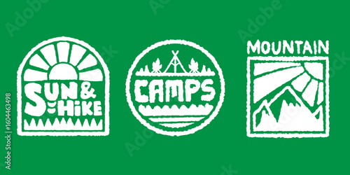 badge mountain sun grass forest camping camp sunrise adventure logo fire handmade