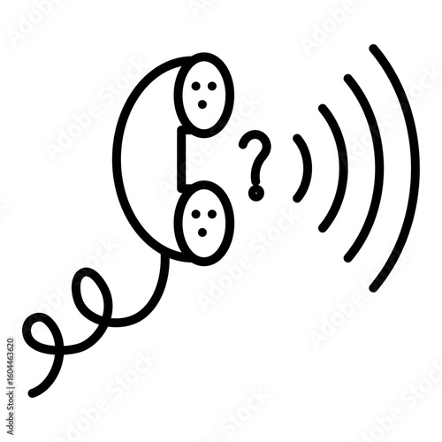 Outlined black glyph depicts an old-style telephone with a question mark and radiating signal waves. Line design signifies a call for information or a help connection.