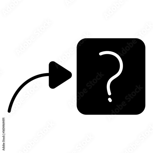 Solid black glyph shows curved arrow pointing to dark rounded square with white question mark. Represents directing towards help or inquiry.