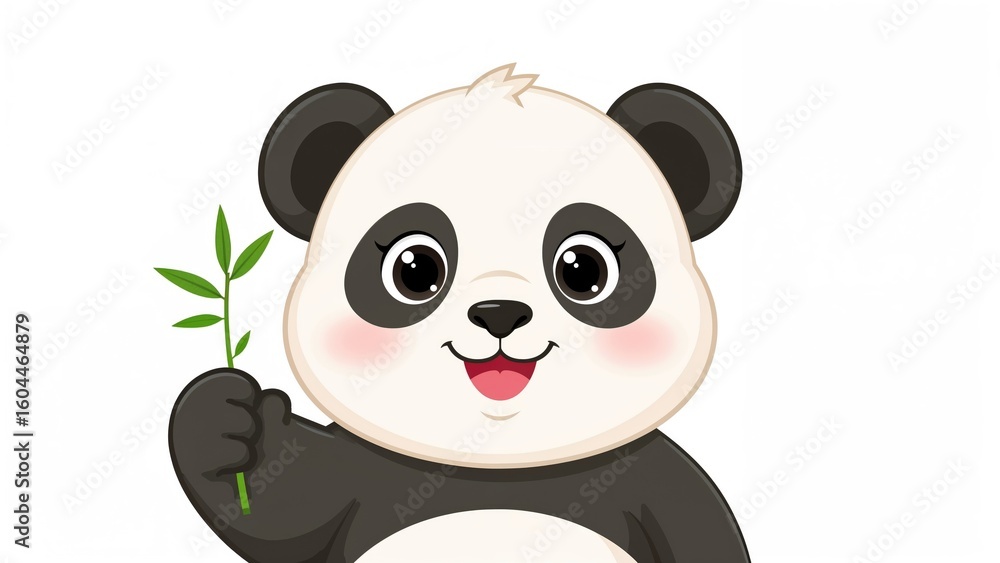 Fototapeta premium Adorable panda character clutching bamboo and showing approval with a thumbs up. High-quality nature-themed animal icon. Playful flat style illustration.