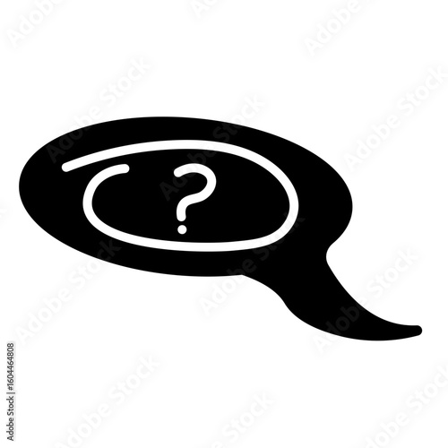 Solid black glyph shows speech bubble with a question mark inside. Represents inquiry, conversation, or asking a question.