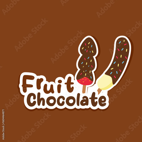 Fruit chocolate logo sticker featuring cute flat design of strawberry and banana on stick dipped in colorful chocolate with sprinkles perfect for dessert shop snack label or branding element