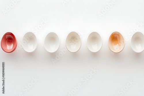 Minimalist arrangement of ceramic bowls on a white surface creating a subtle color gradient