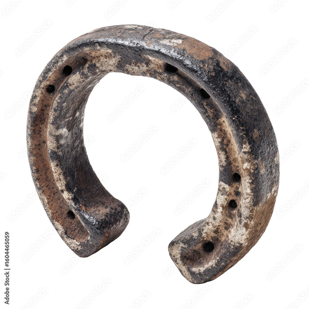 Worn horseshoe, showing signs of age and use. Dark, rusty metal with mottled, light patches. Hole pattern evident. Isolated on black background Worn horseshoe, showing signs of age and use. Dark, rusty metal with mottled, light patches. Hole pattern evident. Isolated on black background
