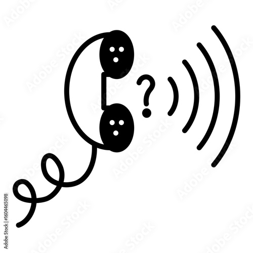 Solid black glyph shows an old-style telephone with a question mark and radiating signal waves. Represents a call for help, an unanswered query, or a support line.