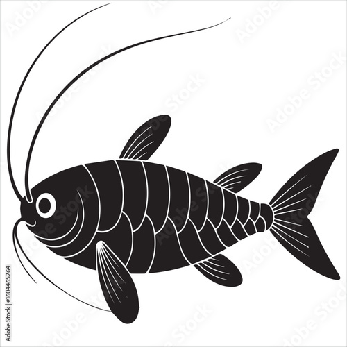 Stylized black and white illustration of a catfish