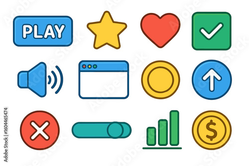 Modern Colorful UI Icon Set for Web Design and Game Interface—Flat Cartoon Vector Icons Including Play Button, Star, Heart, Checkmark, Arrow, Coin, Sound, Switch, Bar Chart, Cancel, Browser Window