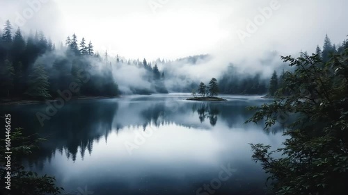 Misty morning fog embraces the serene lake and river landscape, reflecting the tranquil forest under a soft dawn sky, High-quality landscapes nature video footage 