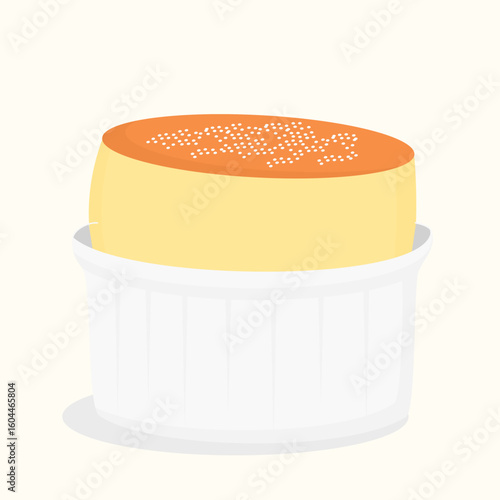 Flat Illustration of Baked Dessert Souffle in White Ramekin Perfect for Culinary Design Projects French Pastry Visual Materials or Educational Content about Desserts