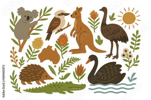 Australian Wildlife Animals Vector Illustration. Koala, Kangaroo, Emu, Kookaburra, Crocodile, Black Swan, Echidna, Native Birds, Plants, Sun. Australia Symbols. Cartoon Nature Clipart Set