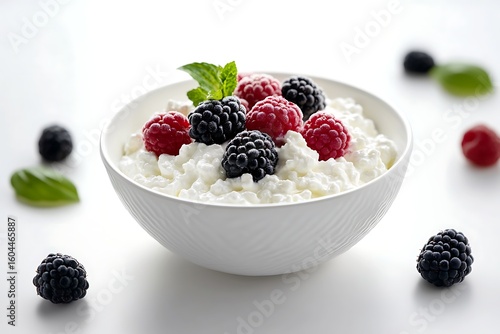 Cottage cheese with fresh raspberries and blackberries in bowl for healthy breakfast