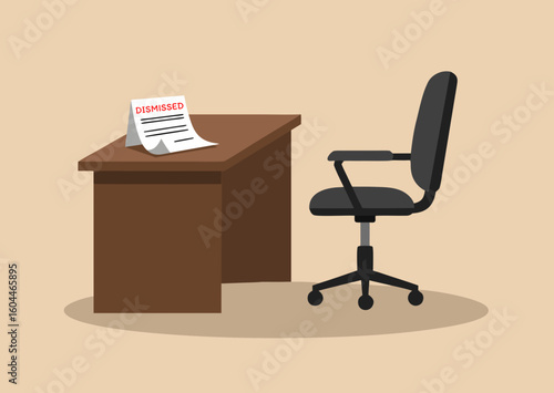 A symbol of the fear of being fired. An empty office desk with a dismissal notice and a pushed-back chair, conveying a sense of emptiness and loss.