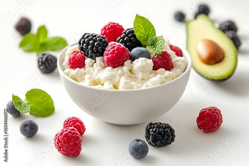Cottage cheese bowl with fresh raspberries, blackberries, blueberries and avocado for healthy breakfast