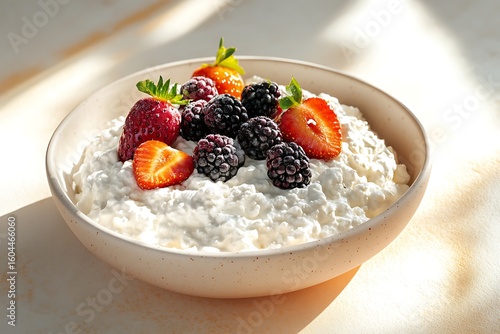 Bowl of cottage cheese with fresh strawberries and blackberries, healthy breakfast concept
