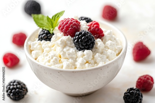 Bowl of fresh cottage cheese with blackberries and raspberries for a healthy snack or meal