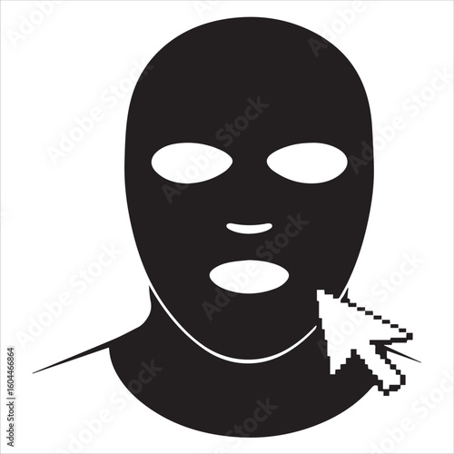 Black balaclava masked figure with a computer mouse cursor pointing
