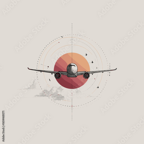 Airplane flying toward viewer with abstract sunset design
