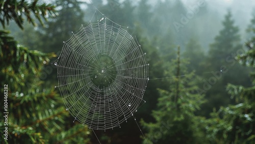Spider Web Glistening With Dew Among Evergreen Trees