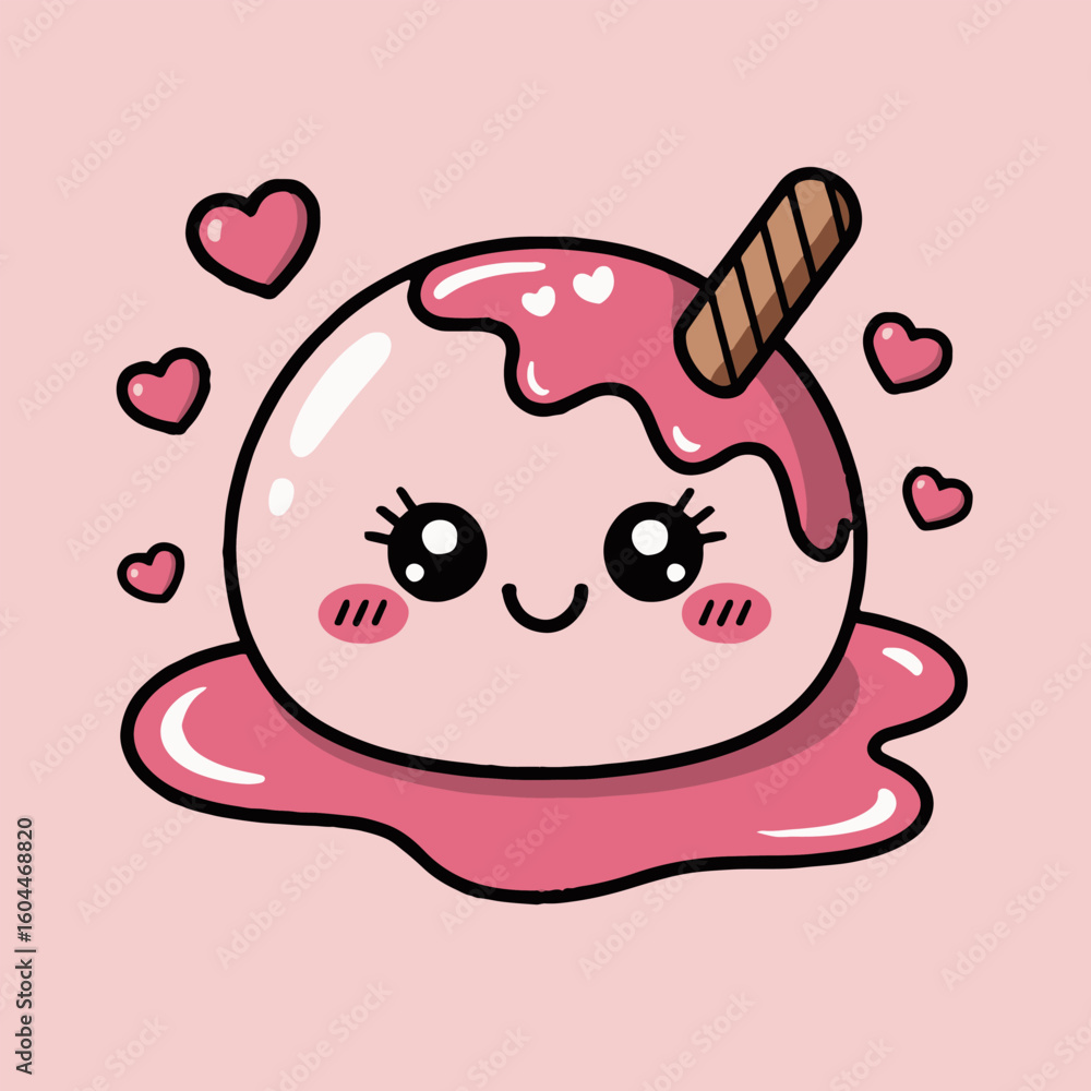 A cute kawaii mochi dessert with pink icing and hearts on a pink background illustration style A cute kawaii mochi dessert with pink icing and hearts on a pink background illustration style