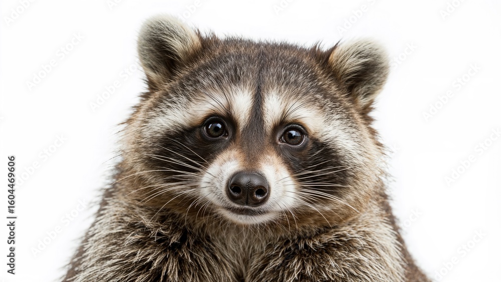 Portrait of a raccoon captured up close against a white backdrop using AI generation Portrait of a raccoon captured up close against a white backdrop using AI generation