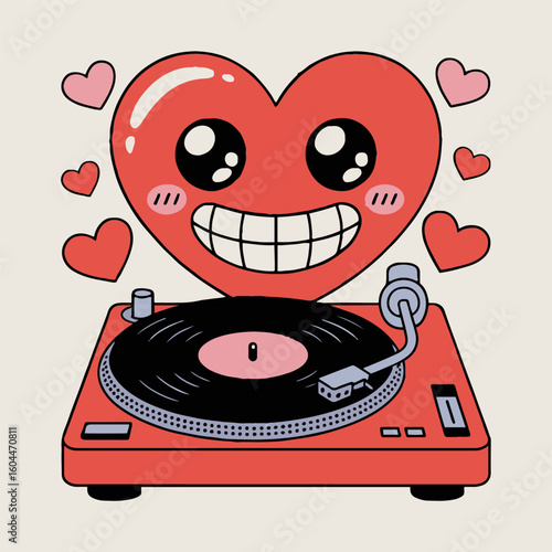 A heart shaped character with a turntable and vinyl record surrounded by floating hearts design