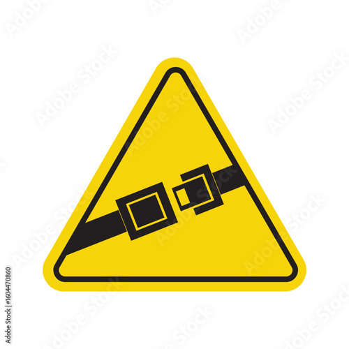 Yellow triangular warning sign with black seatbelt symbol, vector illustration for safety alert