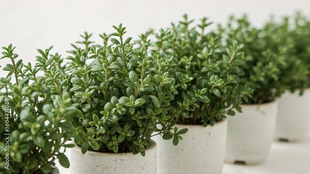 Fototapeta premium Macro image of fresh green oregano plants in small planters